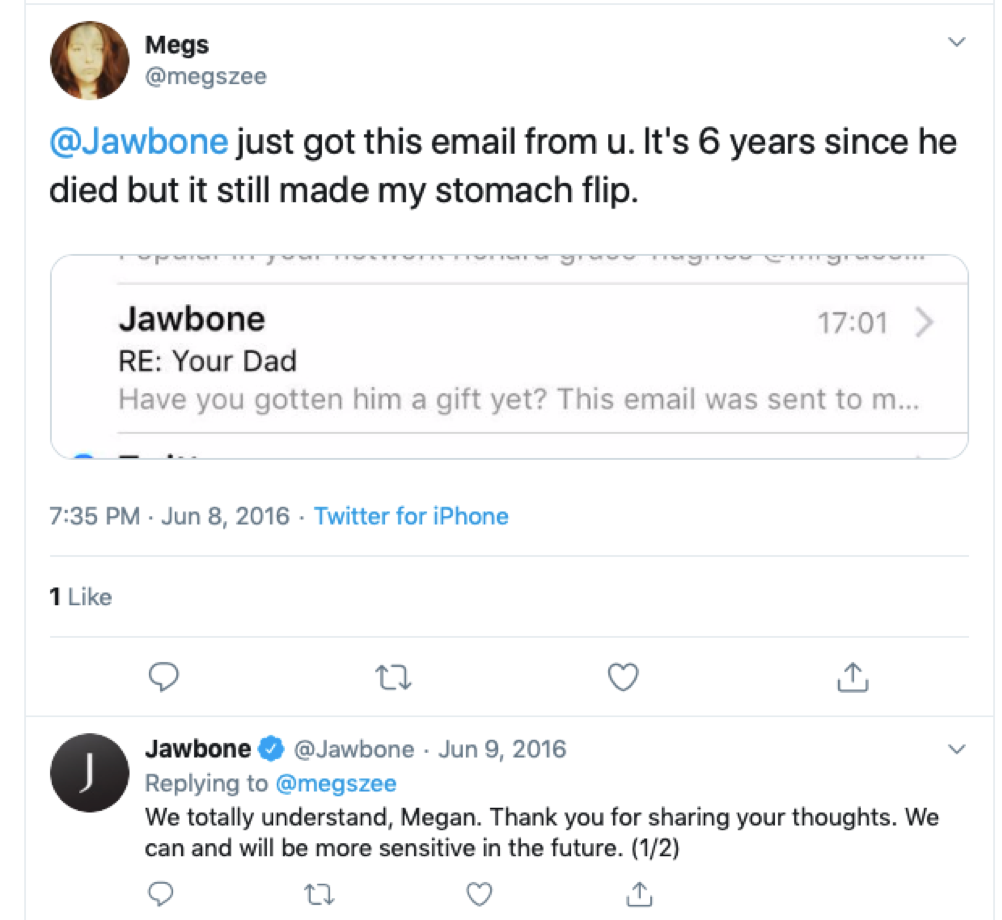 Email response from jawbone