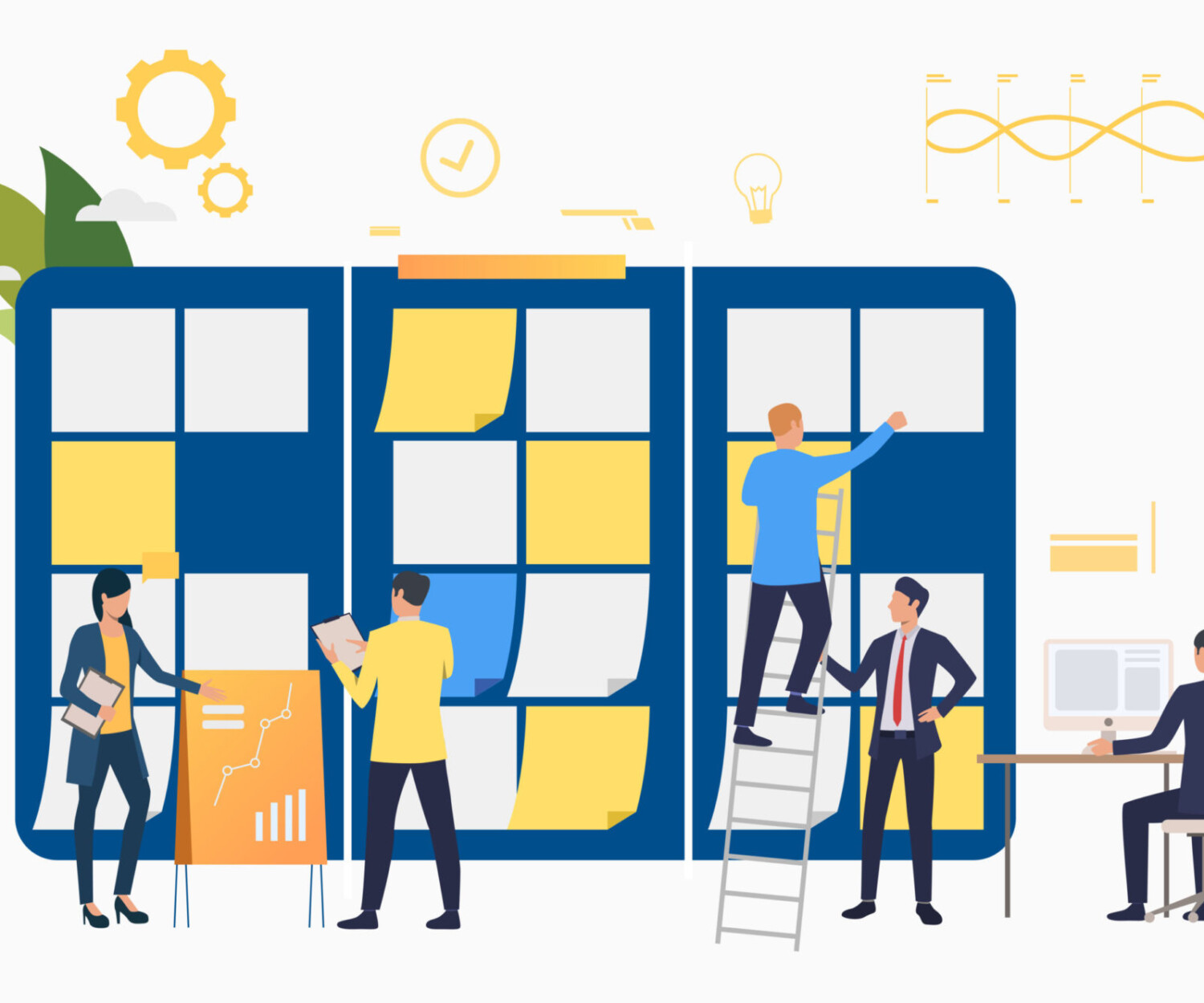 Marketing group working on presentation. Scrum meeting, teamwork, task list. Business concept. Vector illustration can be used for presentation slides, landing pages, posters